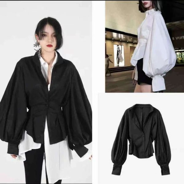Lantern sleeve cinched waist shirt