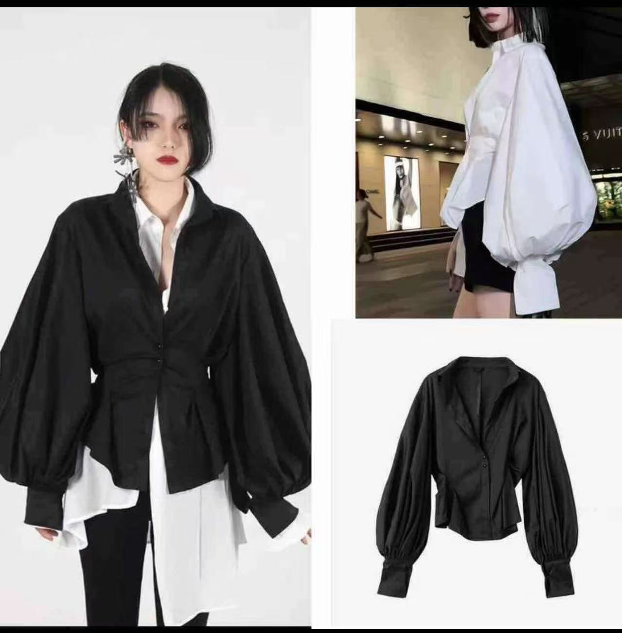 Lantern sleeve cinched waist shirt
