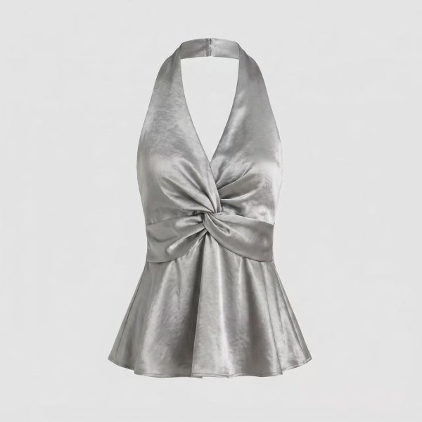 Silver Satin Halter Twist Top