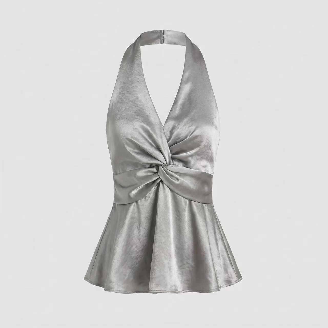 Silver Satin Halter Twist Top
